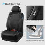 PIC AUTO Leather Car Seat Covers, Premium Automotive Waterproof Two Front Bucket Seat Protectors, Black and Black PVC Patchwork, Fits Cars, Trucks, Vans, SUVs, Airbag Compatible