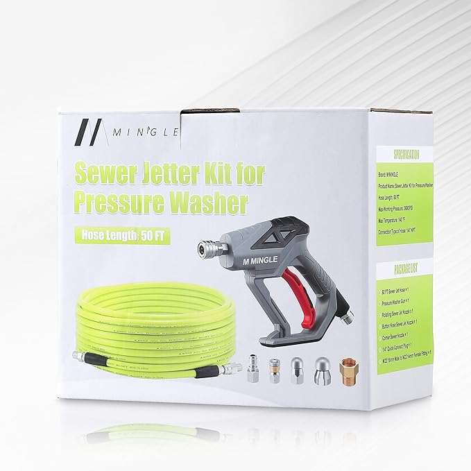 M MINGLE Sewer Jetter Kit for Pressure Washer 50 FT, Drain Cleaner Hose with Power Washer Gun, 1/4 Inch NPT Corner Rotating and Button Nose Sewer Jetting Nozzle, Orifice 4.0, 4.5