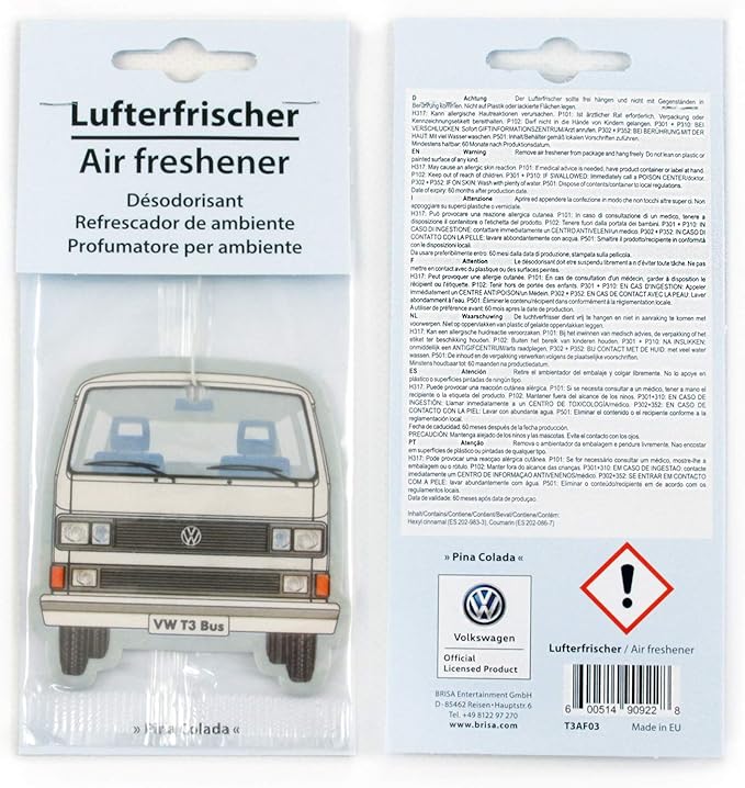 BRISA VW Collection - Volkswagen Scented Car Air Freshener Fragrance Deodorizer for Car/Auto or Home with Volkswagen Vanagon Bus T3 Camper Van FrontDesign (Pina Colada/White/2-pc Set)