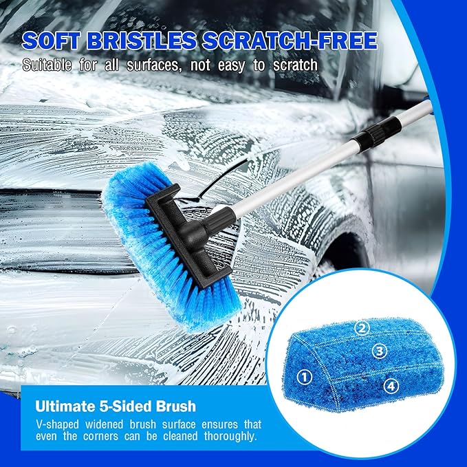 Car Cleaning Kit,62'' Car Wash Brush with Long Handle,Complete Car Cleaning Brush Kit Microfiber Cleaning Head & Extra-Thick Aluminum Extension Pole for Car, Truck, SUV, RV