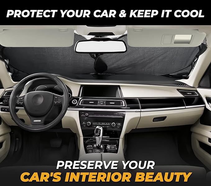 Car Shade Front Windshield, Small (59" x 29") - 240T Reflective Polyester Sunshade Blocks 99% UV Rays and Heat, Foldable with Storage Bag Fits Coupe, Hatchback, Small Sedan, Sports Model Cars