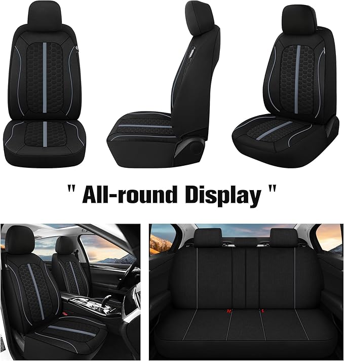 Breathable Premium Car Seat Covers Full Set，3D Air-Mesh Seat Covers for Cars，Comfortable Safety Airbag Compatible，Universal for Most Cars Sedan Truck SUV(Black/Gray)