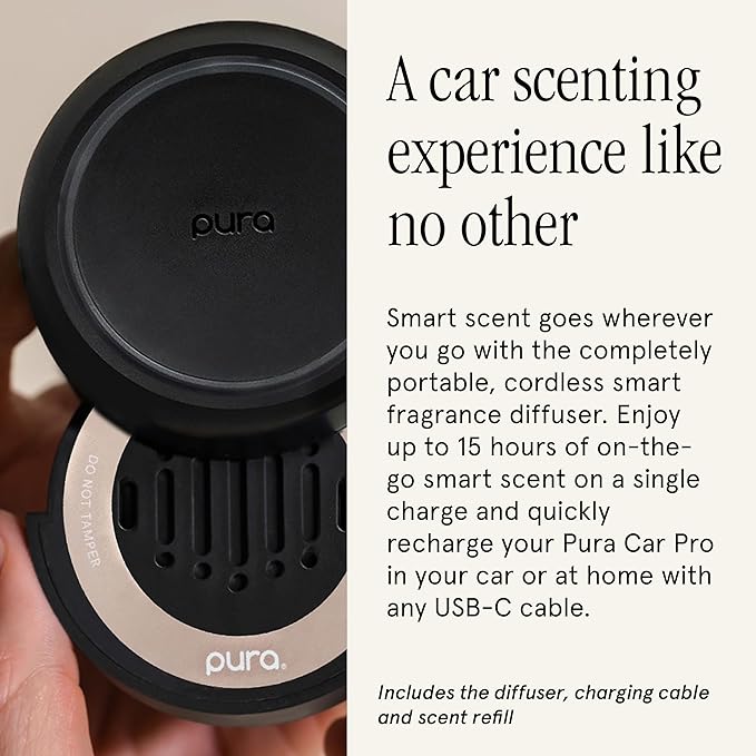 Pura Car Pro Set - Smart Fragrance Diffusion - Rechargeable & Cordless Smart Fragrance Diffusion - Automatic Start & Stop Accelerometer Detects Motion - Includes New Car Fragrance