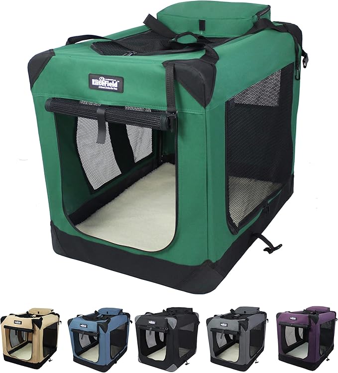 EliteField 3-Door Folding Soft Dog Crate with Carrying Bag and Fleece Bed (2 Year Warranty), Indoor & Outdoor Pet Home (20" L x 14" W x 14" H, Green)