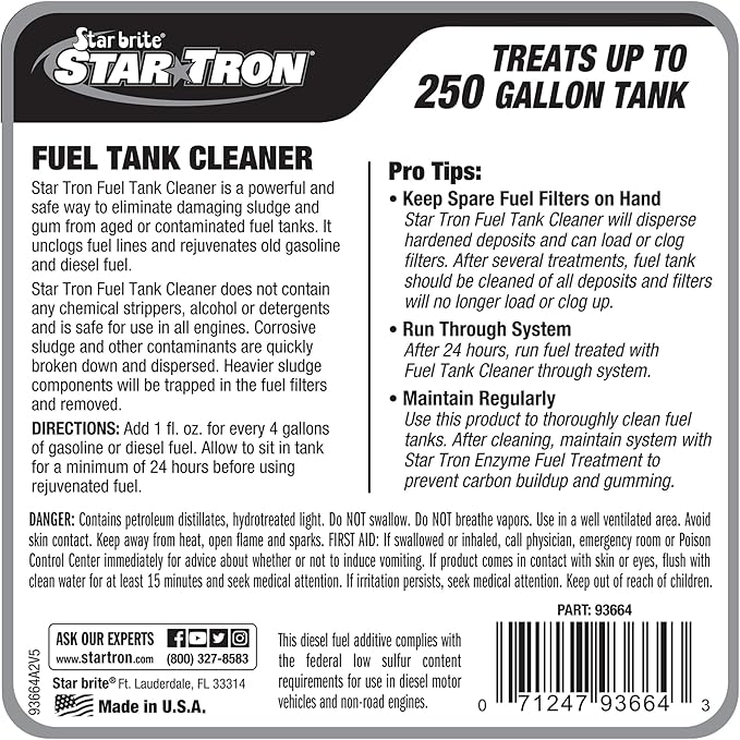Star Tron Fuel Tank Cleaner – Removes Sludge, Varnish & Other Deposits – Helps Restore Performance of Old, Stale Fuel – Concentrated Formula for Gasoline and Diesel Tanks
