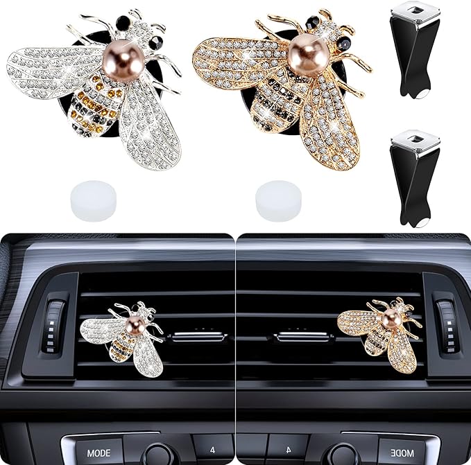 Shiny Bee Car Air Freshener Dashboard Outlet Vent Clips，Pearl Diamond Bee Car Perfume Car Air Conditioner Air Outlet Decoration Aromatherapy Clip，Bling Bee Charms Rhinestone Auto Interior Decorations Accessory