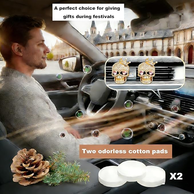Gothic Skull Car Air Freshener Vent Clips with 2 Pads, Halloween Scented Car Accessories for Men Women, Automotive Interior Decor and Cool Car Fresheners for Men， Spooky Gift Idea-A3