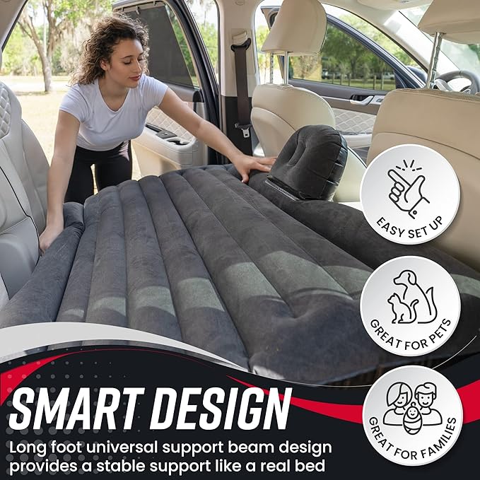 VaygWay Inflatable Car Air Mattress – Air Bed w/Pump Kit –Back Seat – Camping Vacation Blow up Bed Cushion - Sleeping Pad w/ 2 Pillows (Inflatable Car Mattress, Neck Pillow, Ear Plugs, Eye Shields)