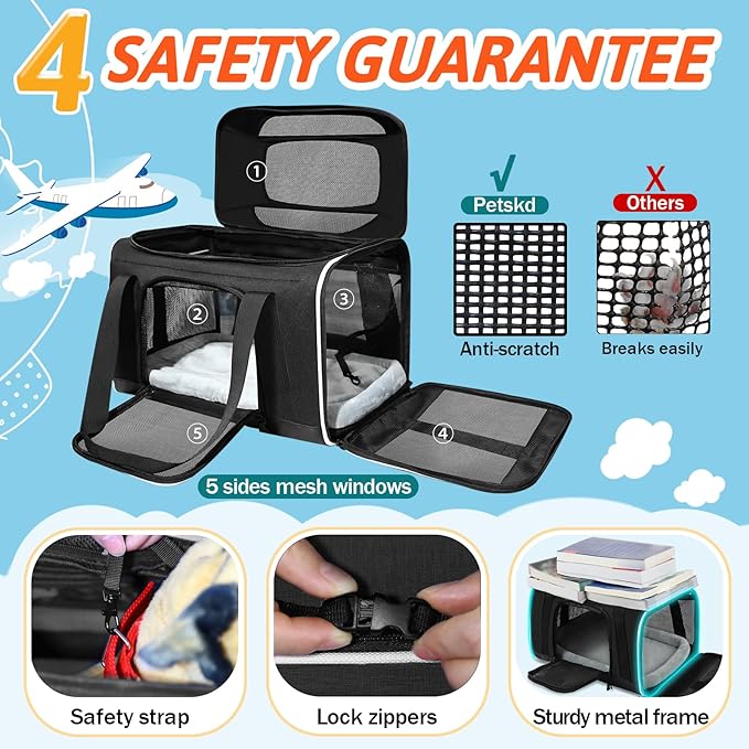 Petskd Top-Expandable Small Pet Carrier with Wheels(18" L x 11" W x 11" H), Delta/American/United Airlines Approved, Rolling Pet Carrier for Small Dogs & Cats (Black)