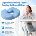 Donut Pillow Seat Cushion - Cooling Gel Outdoor Chair Cushions, Memory Foam Cushion for Office and Home, Car Seat and Patio Cushions, Hemorrhoids Pillow, Sciatica and Tailbone Pain Relief, Light Blue