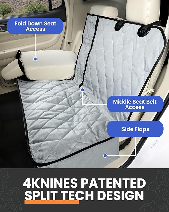 4Knines Dog Seat Cover for Back Seat, Heavy Duty Waterproof Rear Seat Protector for Small Trucks, SUVs, Cars - Fits 60/40 Split Bench with Middle Seat Belt, Non-Slip Dog Backseat Cover (Regular, Camo)