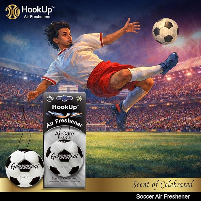 Soccer Car Air Freshener by HookUp - 25 Pack - Black Gold Scent (Extra Strong) | Unique Soccer Gift for Players, Coach, Fans | Hanging Car Accessory with Long Lasting Fresheners Smell