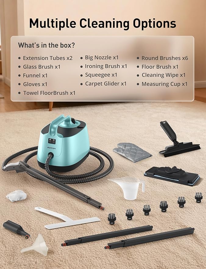 Steam Cleaner, 293°F 58 PSI Powerful Multipurpose Handheld Steam Mop for Home Use, 21 Attachments, 50Oz Capacity, Heavy Duty Steamer for Carpets, Floors, Cars, Tiles, Crack Cleaning, Azure