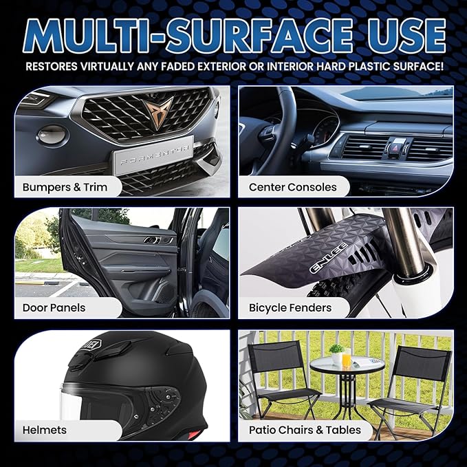 Plastic Trim Restorer – Long Lasting UV Protection Restores Like New, Prevents Fading & Cracking – Easy Application with Applicator for Car Interior & Exterior Bumpers, Vinyl, Rubber – 5oz/150ml