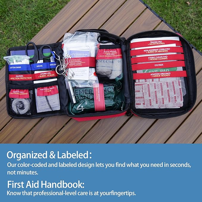 Premium First Aid Kit - Waterproof Molle Medical Bag with Color-Coded Compartments, with Israeli Bandage, Rescue Blanket & CPR Mask for Home, Car, Hiking, Camping & Outdoor Emergencies