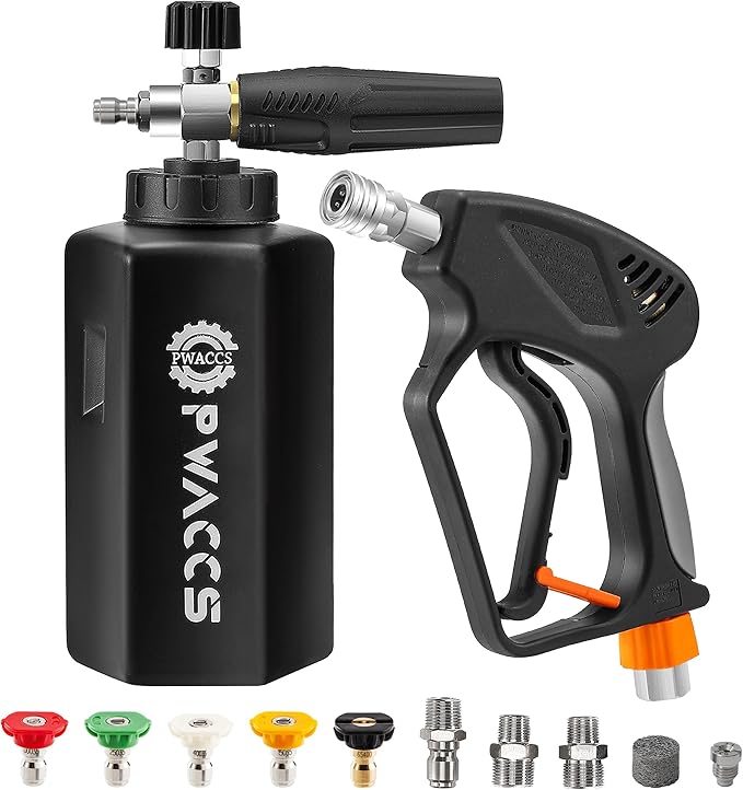 PWACCS Pressure Washer Gun with Foam Cannon, Short Pressure Washer Gun with Swivel, Foam Cannon for Car Wash Gun Kit with 1/4" Quick Connector, 5 Power Washer Nozzle Tips, 1.5 Liter, 5000 PSI