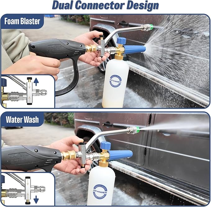 Foam Cannon Dual Connector Accessory for Pressure Washer, Double Tip Attachment for Soap Cannon, 5 Power Washer Sprayer Nozzles, 1/4 Inch Quick Connect, Car Wash Kit