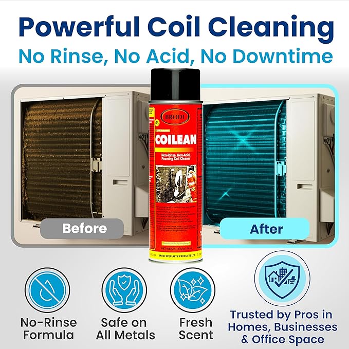 Brodi Coilean HVAC Coil Cleaner Foam, Commercial-Grade, Non-Acid Self-Rinse AC Coil Cleaner, Clinging Foam Digests Dirt, Lint & Grime, Deodorizes, Boosts Airflow, Safe On All Metals (Pack of 6)