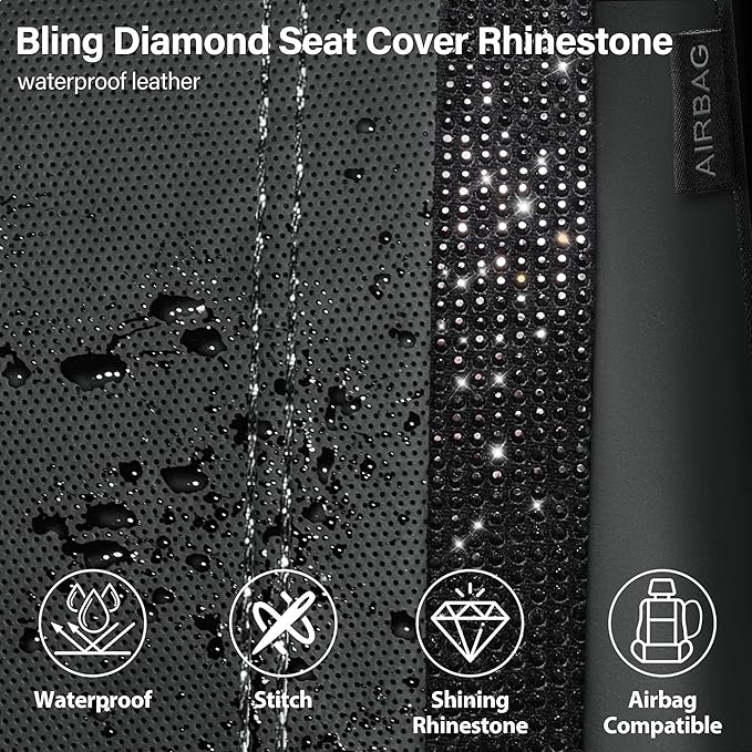 CAR PASS Leather Bling Diamond Car Seat Covers Full Set, Shining Rhinestone Waterproof Durable Rear with Zipper, Universal Fit Automotive Glitter Crystal Sparkle Strip for Cute Women Girly Black