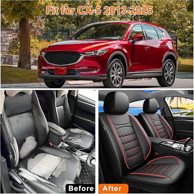 CX-5 Car Seat Covers Custom Fit for Mazda CX-5 2013-2025 2026, Full Coverage Leather Waterproof Breathable Seat Covers, Automotive Seat Protectors, Airbag Compatible(2 Front Seats, Red & Black)