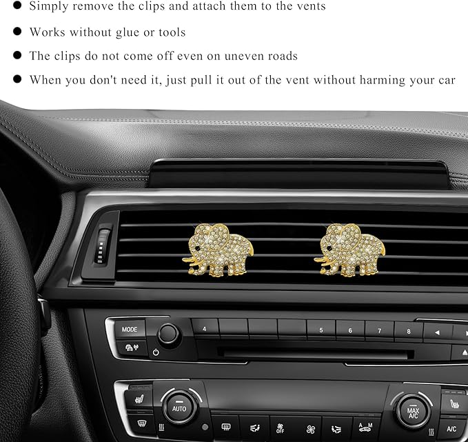 2 PCS Bling Car Air Vent Clip, Crystal Heart Car Air Fresheners Diffuser Vent Clip, Rhinestone Air Conditioning Outlet Clip For Women Girls, Interior Decor Car Accessories (Elephant, Golden)