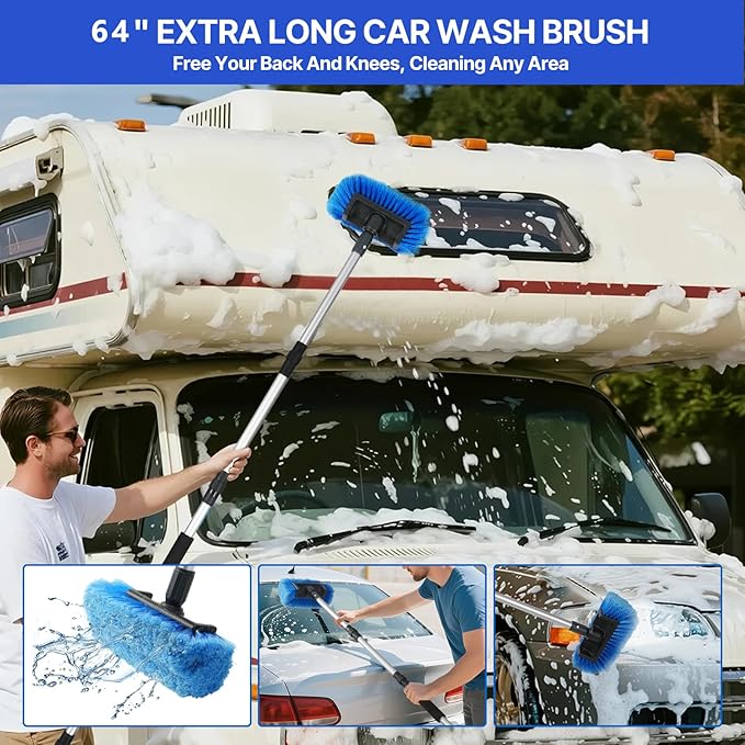64'' Car Wash Brush with Long Handle, RV Flow-Through Wash Brush with Adjustable Handle, Anti-Scratch Plus Size Soft Car Wash Brush Mop with Hose Attachment Car Wash Kit for SUV RV Truck Boat