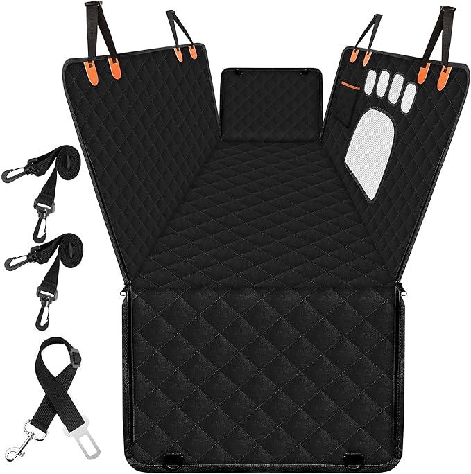 Back Seat Pet Cover for Dogs with Mesh Window - Tesla Model 3, SUV, Sedan, 600D Waterproof Heavy Durable Hammock, Scratch Proof Nonslip with Seatbelt, Dog Car Seat Cover for Back Seat