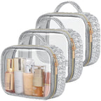 PACKISM TSA Approved Toiletry Bag - 3 Pack Ruched Textured Clear Makeup Bag, Metallic Silver, with 180° Large Opening and Supporting Frame, Perfect for Travel Essentials, Thick No Smell