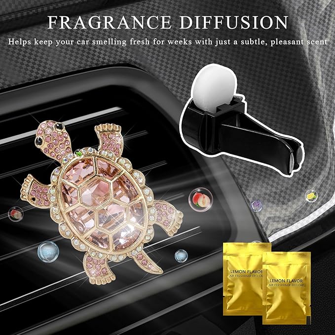 2PCS Bling Tortoise Car Air Vent Clips, Crystal Cute Turtle Air Fresheners Diffuser Vent Clip, Rhinestone Air Conditioning Outlet Clip Charm Car Interior Decor for Women Men