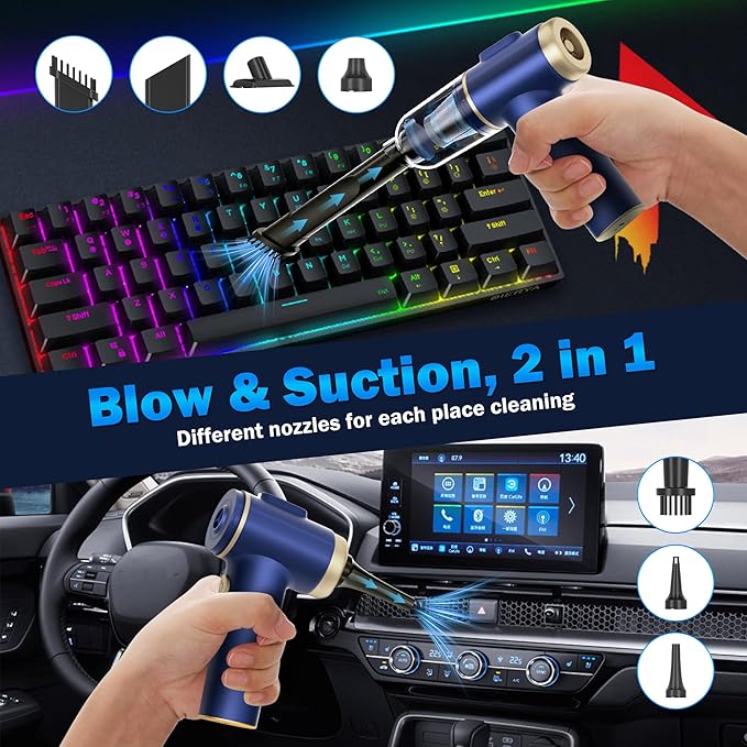 Handheld Car Vacuum Cleaner, 2-in-1 Portable Mini Car Vacuum Cleaner,16000Pa High Power & Air Duster, Handheld Vacuum Cordless with LED Light and Multi-Nozzles for Car,Home,Office,Pet(Blue)