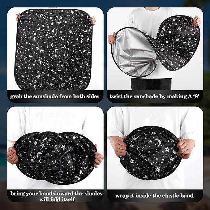 Moukeren 2 PCS Windshield Sun Shade for Car Foldable Window Covers for Car Accessories Reflect UV Sun Heat Protector for Universal Cars SUV Truck RV (Star Moon,31.75 x 28.75 Inch)