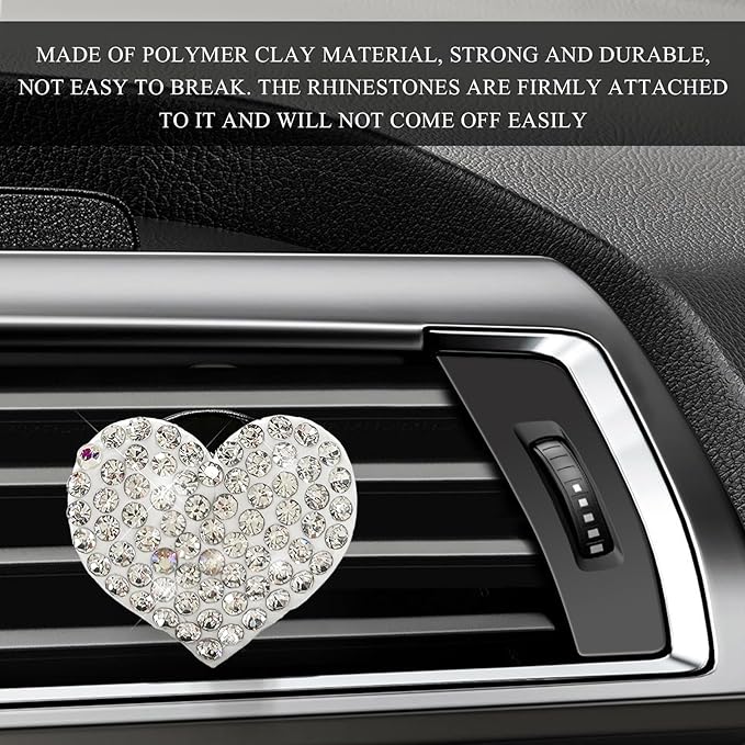 2 PCS Bling Car Air Vent Clip, Crystal Heart Car Air Fresheners Diffuser Vent Clip, Rhinestone Air Conditioning Outlet Clip For Women Girls, Interior Decor Car Accessories (Heart, White)