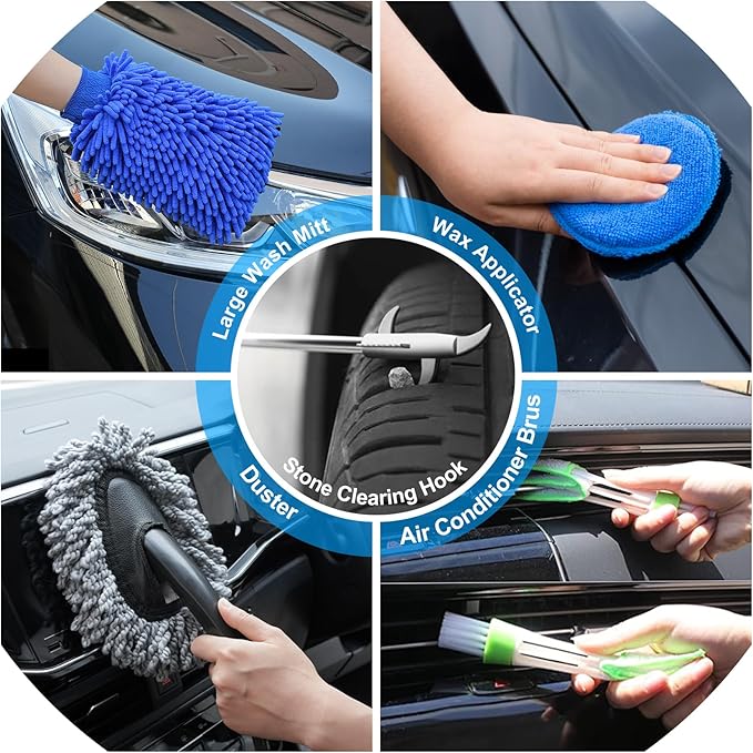 AUTODECO 28Pcs Car Detailing Kit Wash Cleaning Kits with Pump Foam Sprayer Windshield Cleaning Tool Wash Brush Large Wash Mitt Towels Complete Interior Exterior Car Detailing Supply Set Blue