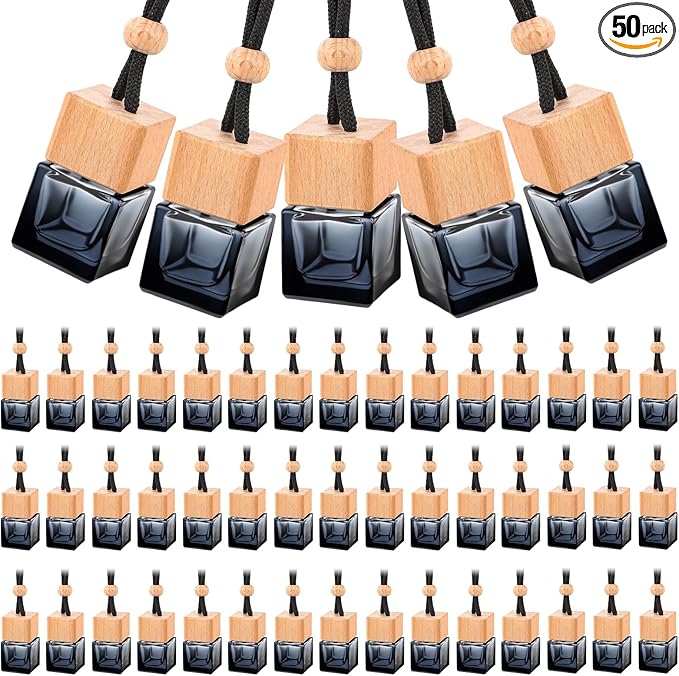 50 Pcs Hanging Car Air Freshener Car Diffuser Empty Glass Perfume Bottle Freshener Diffuser Pendant for Essential Oil Fragrance Aromatherapy Ornament (Black,Cube)