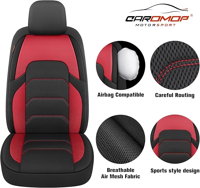 CAROMOP 3D Air Mesh Car Seat Covers Full Set,Breathable and Durable Seat Covers for Cars,Split Bench Compatible,Universal Fit for SUV,Vans,sedans, Trucks, Automotive Interior Covers(5-Seat Black/Red)
