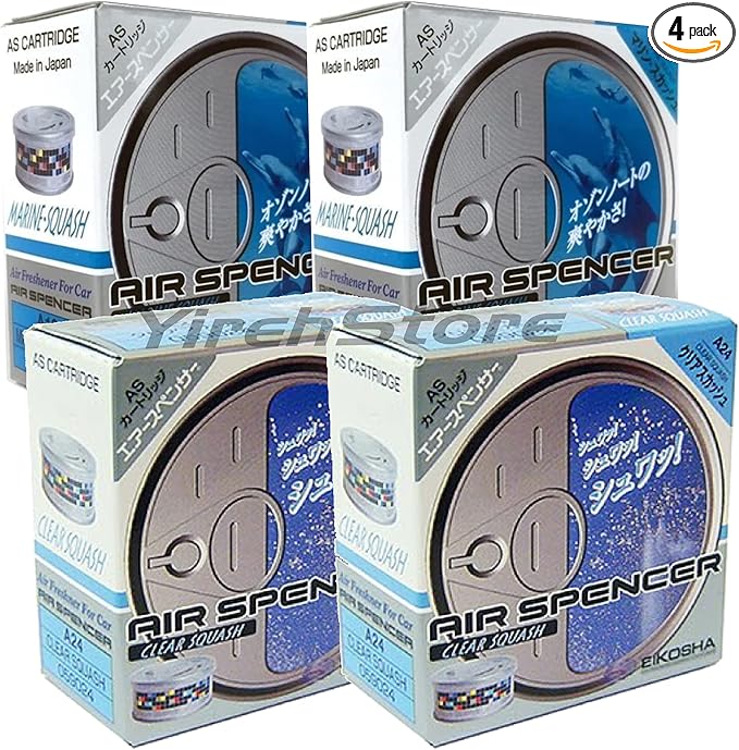 AS Air Spencer Cartridge 2x Marine Squash (A19) and 2x Clear Squash (A24) scent, Heavy Duty, Last Long, JDM Eikosha Japan Car Air Freshener