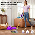 Cordless Stick Vacuum Cleaner, 40Kpa Powerful Suction Vacuum Cleaner with LED Headlight, Detachable Battery, 8-in-1 Lightweight Handheld Vacuums for Pet Hair Carpet and Hardwood Floor, Purple