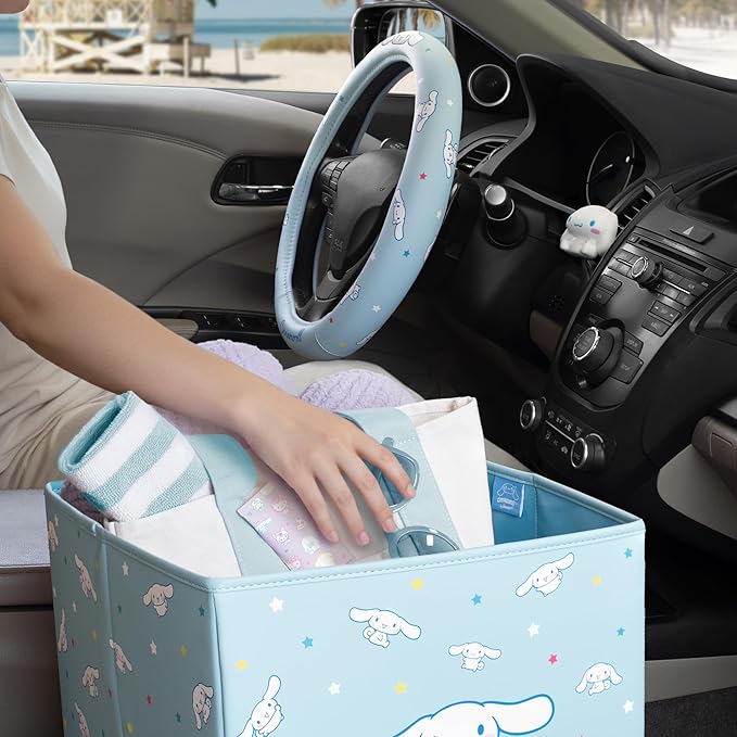 Sanrio Cinnamoroll Car Trunk Organizer, Steering Wheel Cover, Air Freshener & Refill – Cute, Collapsible, Heavy-Duty Storage & Car Accessories for Groceries, Tools, Travel – 12.5"L x 12.5"W x 9"H