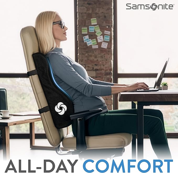 Samsonite Memory Foam Lumbar Support Pillow, Ergonomic Back Cushion for Office Chair, Gaming Chair, Automotive Full Back Support, Home Essentials for Sitting Comfort and Posture Relief, Black