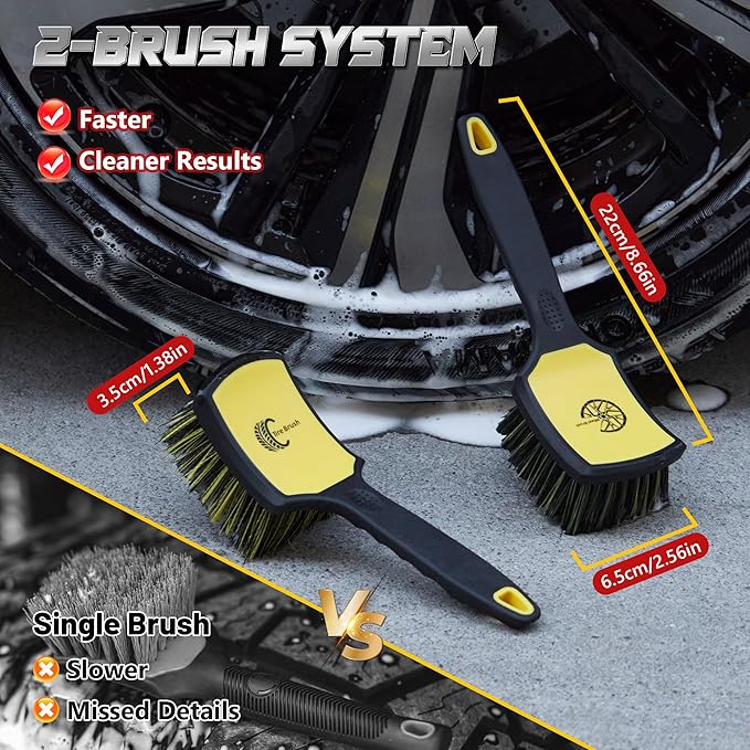 Wheel & Tire Brush Set, 2 Pack Car Wheel Brush & Tire Cleaner Brushes, Soft Bristle Rim Brush and Stiff Tire Scrub Brush, Scratch-Free Wheel Cleaning Kit for Car Detailing, Trucks, SUVs