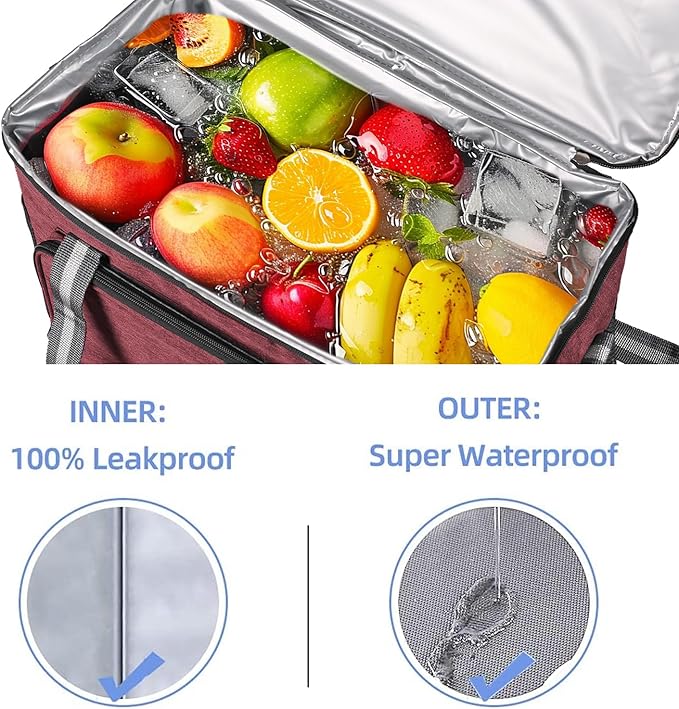 iknoe Large Cooler Bag Collapsible, 24L Insulated Bags, Leakproof Lunch Cooler Tote with Multi-Pockets for Adult Insulated Thermal Bag for Beach, Picnic, Office Work, Claret 36-Can