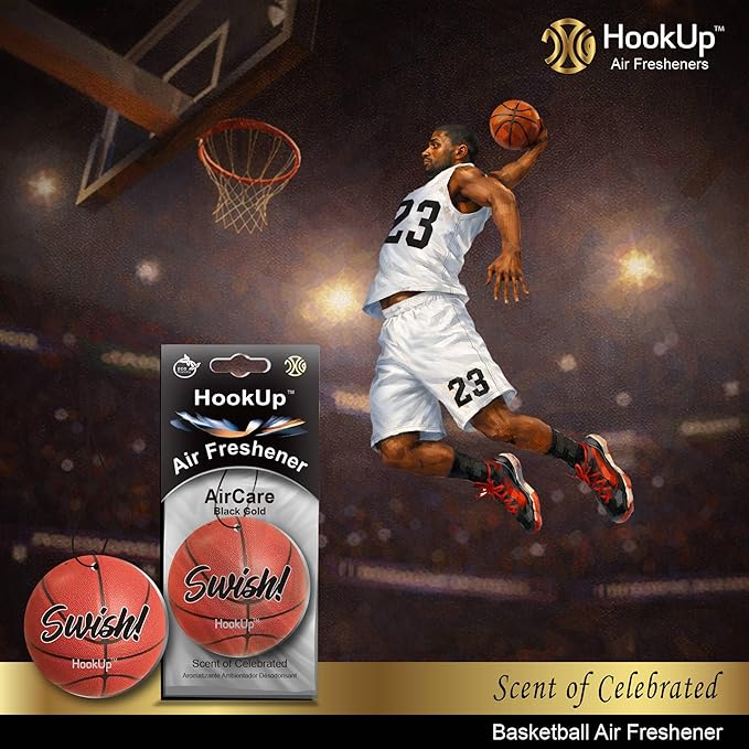 Basketball Car Air Freshener by HookUp - 4 Pack - Black Gold Scent (Extra Strong) | Unique Basketball Gift for Players, Coach, Fans | Hanging Car Accessory with Long Lasting Fresheners Smell
