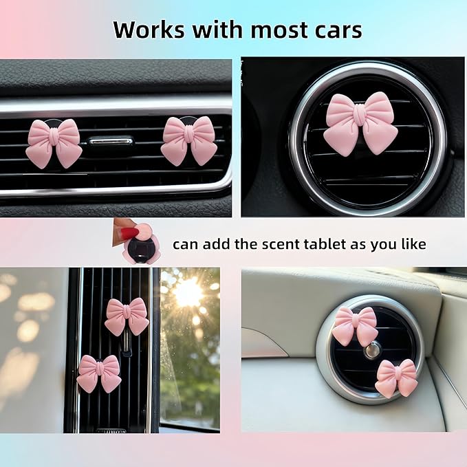 7Pcs Cute Pink Bow Car Air Freshener Vent Clips and Headrest Hooks Set for Women, Charm Car Interior Accessories for Truck Suv Dashboard Diffuse Home Office Vent Decoartion，Girly Gifts for Her