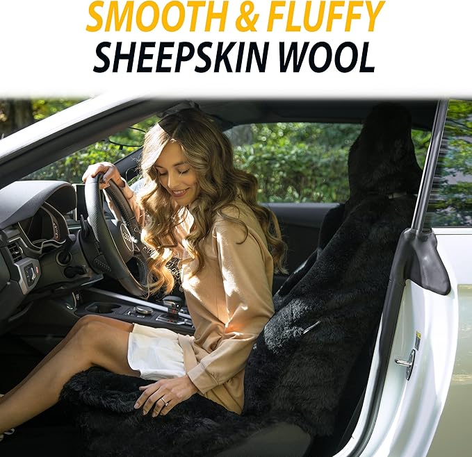ZONETECH Sheepskin Seat Covers Fuzzy Car Seat Covers Black Australian Merino Wool Fluffy Fur Auto Accessories All Season Protection for Your Seats Universal Fits Most Car SUV Airbag Compatible