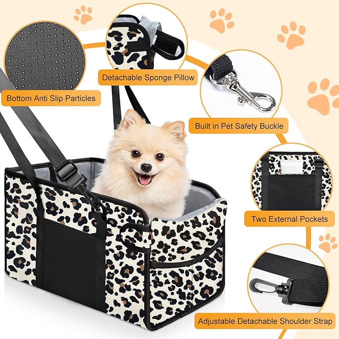 Portable Dog Car Seat for Small Dogs - Adjustable Safety Leash, Washable Cushion & Storage Pocket - Pet Booster Seat for Car Travel- Leopard