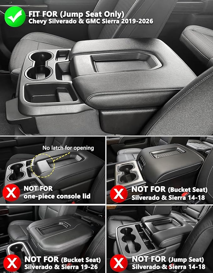 KBH Center Console Armrest Cover for GMC Sierra & Chevy Silverado 1500 2500 3500 2019-2026, Middle Console Lid Protector, Middle Cut, Vinyl Leather, Black (Fits Jump Seat Console Only)