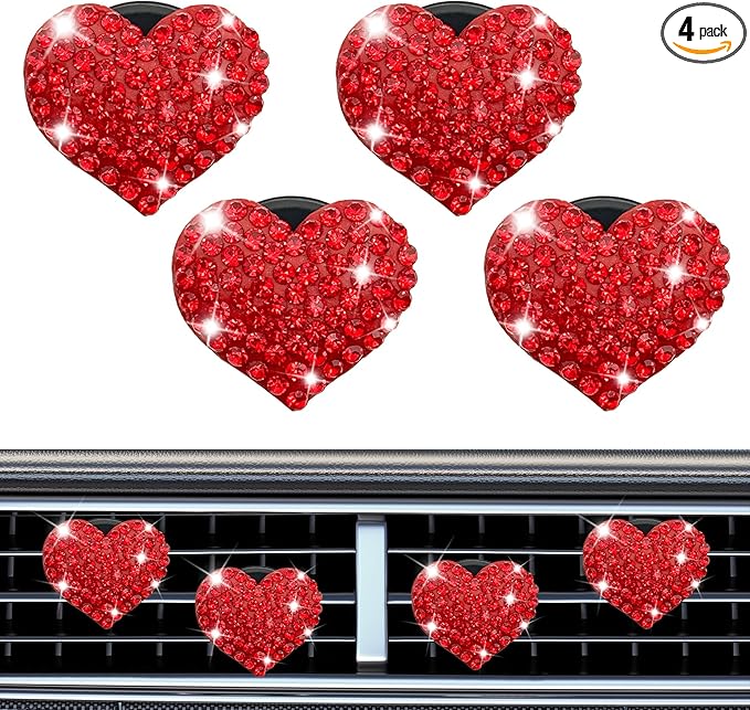 4PCS Heart-Shaped Car Vent Clip with Rhinestone, Vent Clip Car Accessories, Sparkly Rhinestone Bling Diamond Freshener Holder, Air Conditioning Outlet Ornament for Women Girls (Red, Style1)
