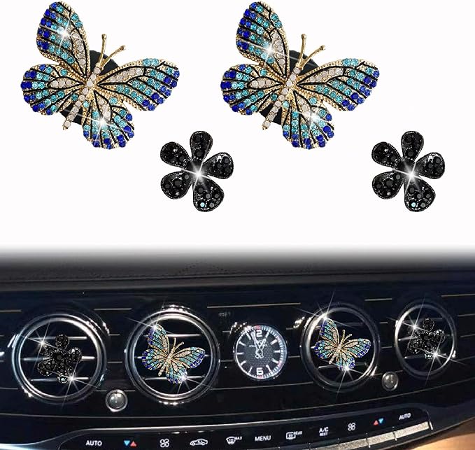 4 Pcs Blue Bling Butterfly and Black Daisy Car Air Fresheners Vent Clips Diffuser Vent Clip Rhinestone Diamond Decoration Car Interior Decor Cute Accessories for Women, Automotive Air Fresheners