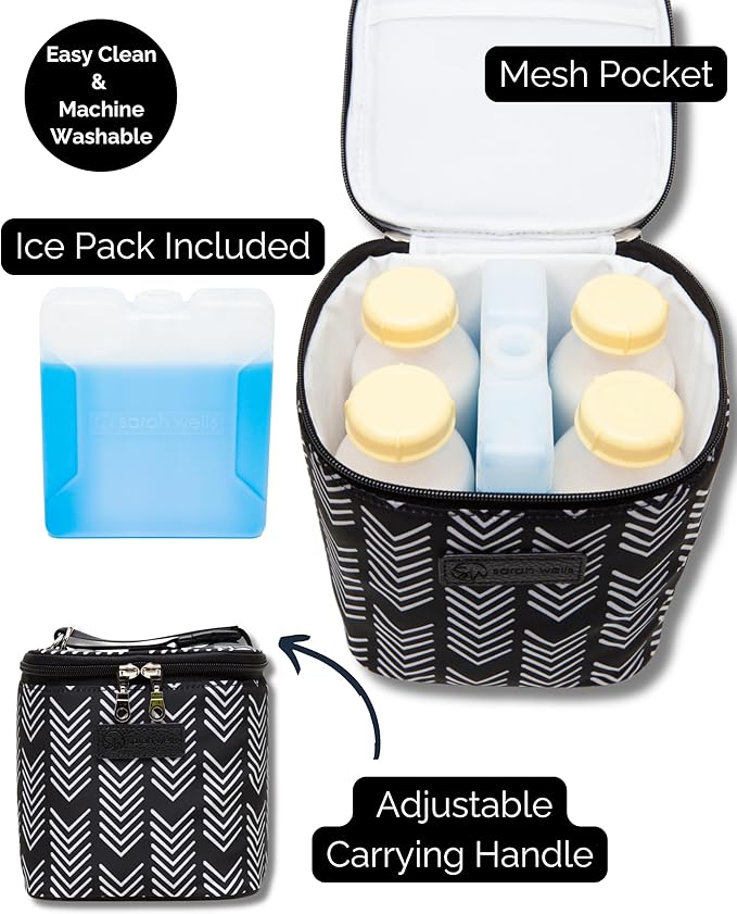 Cold Gold Breastmilk Cooler Bag with Safety Tested Ice Pack – Insulated Milk Storage for Work, Travel & Daycare – Fits Bottles & Parts – Durable, Washable, Cooler for Moms (Black and White)