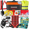 Car Emergency Kit with Air Compressor,Roadside Emergency Car Kit for Vehicles Auto Truck with Jumper Cables,Winter Car Safety Kit with Folding Shovel Car Repair Tool Set First Aid Kit Blanket Tow Rope